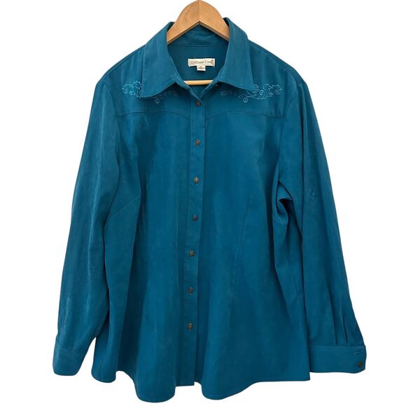 Coldwater Creek Teal Floral Embroidered Button Up Western Style Shirt Size 2X - Picture 1 of 7